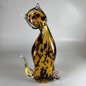 Cat Leopard Figurine Paperweight 5th Ave Art Crystal Whimsical Speckled Glass